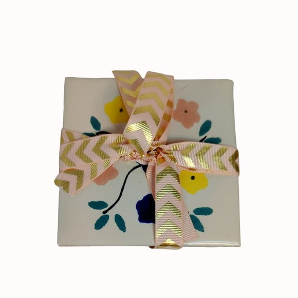 Peach Floral Terracotta Ceramic Tile Cup Coasters Set of 4 - Picture 3 of 5